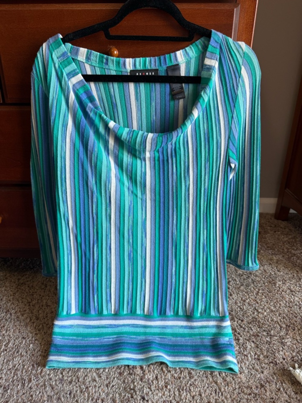 Axcess Teal and Blue Striped Scoop Neck Long Sleeve Top